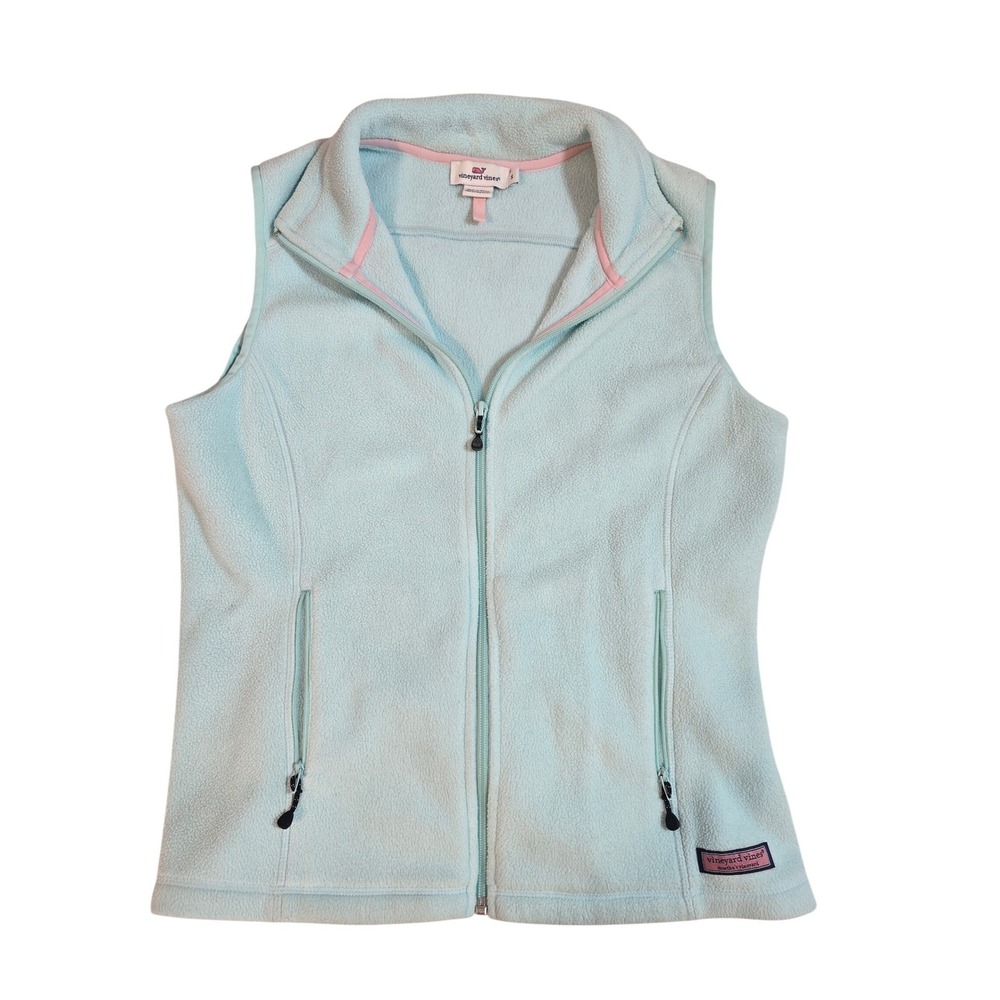 Vineyard Vines Womens Fleece Vest Light Blue‎ Zip Pockets Collar Size S